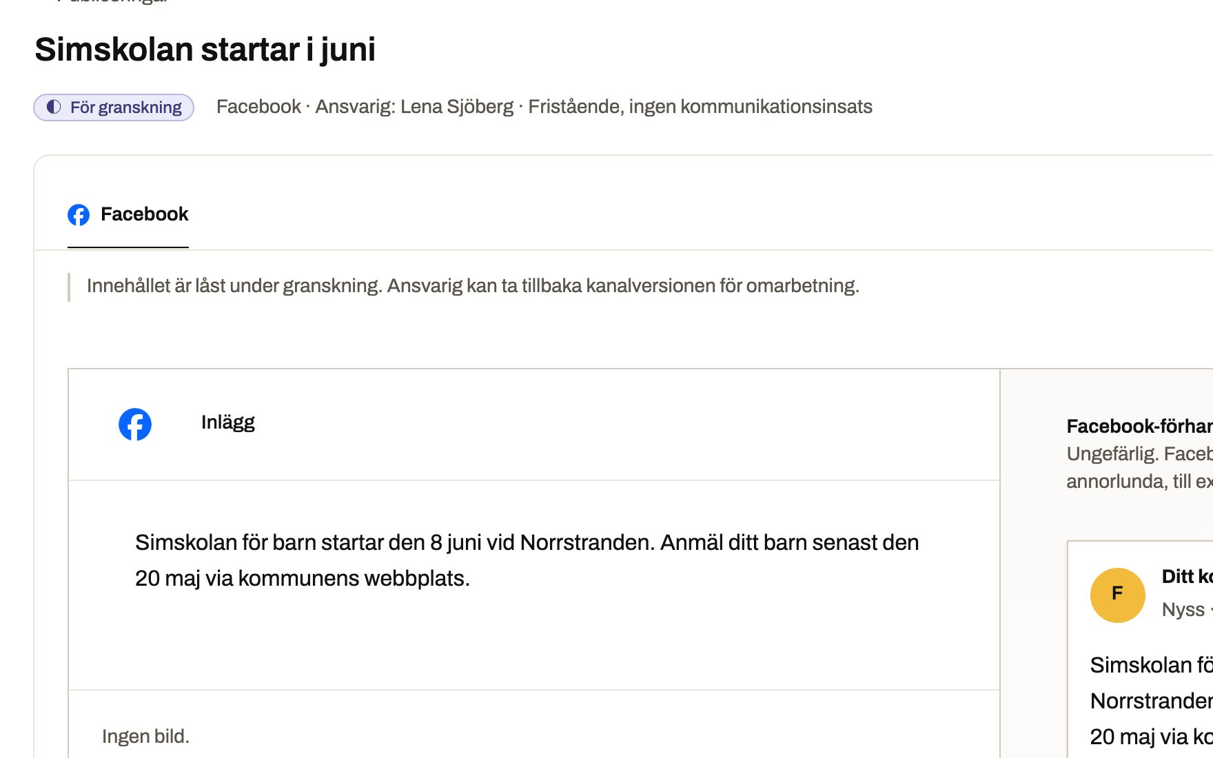 En Facebookpublicering om simskolan med statusen För granskning. Innehållet är låst under granskningen.