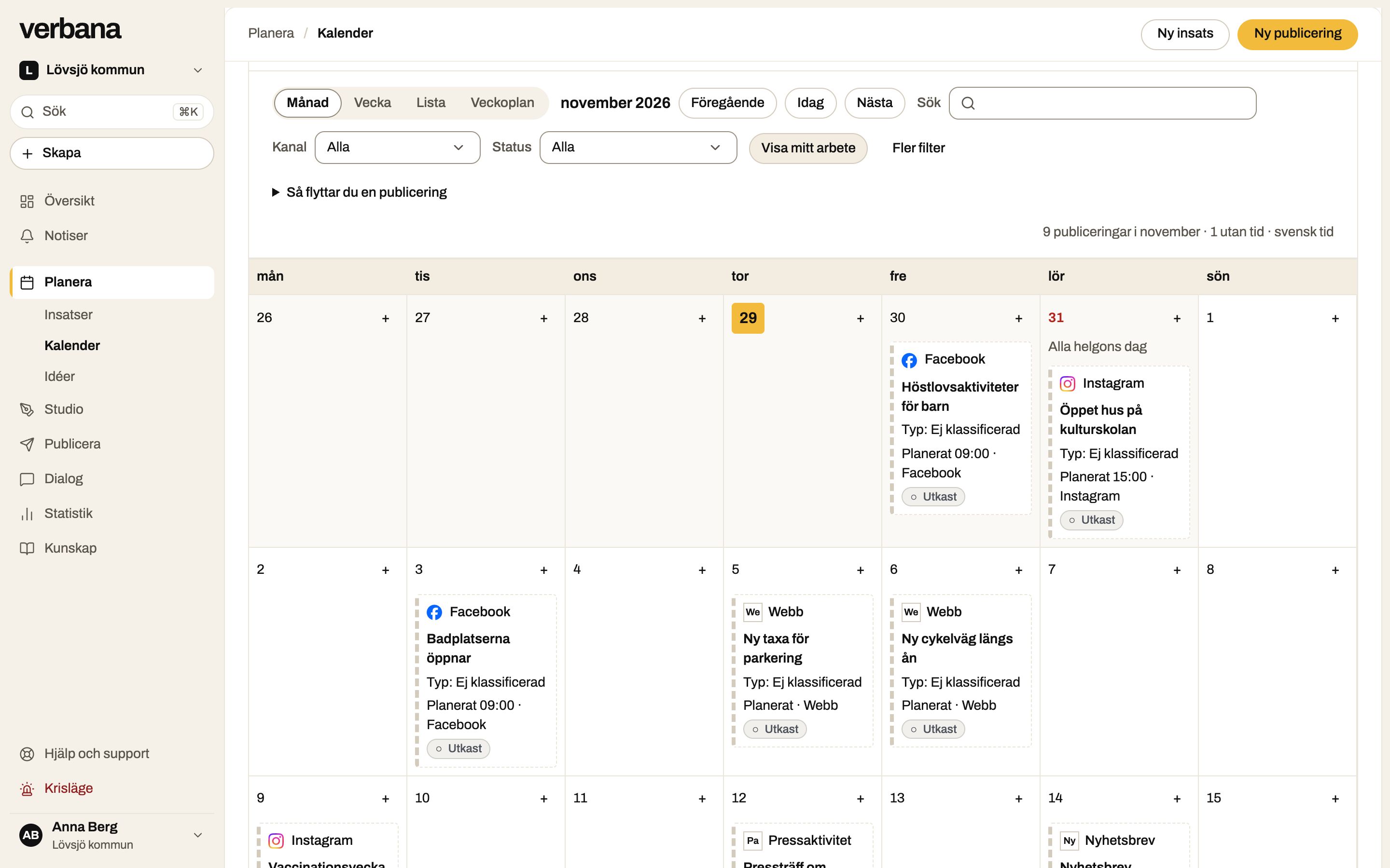 Verbanas kalender för november med planerade publiceringar i Facebook, Instagram och webben.